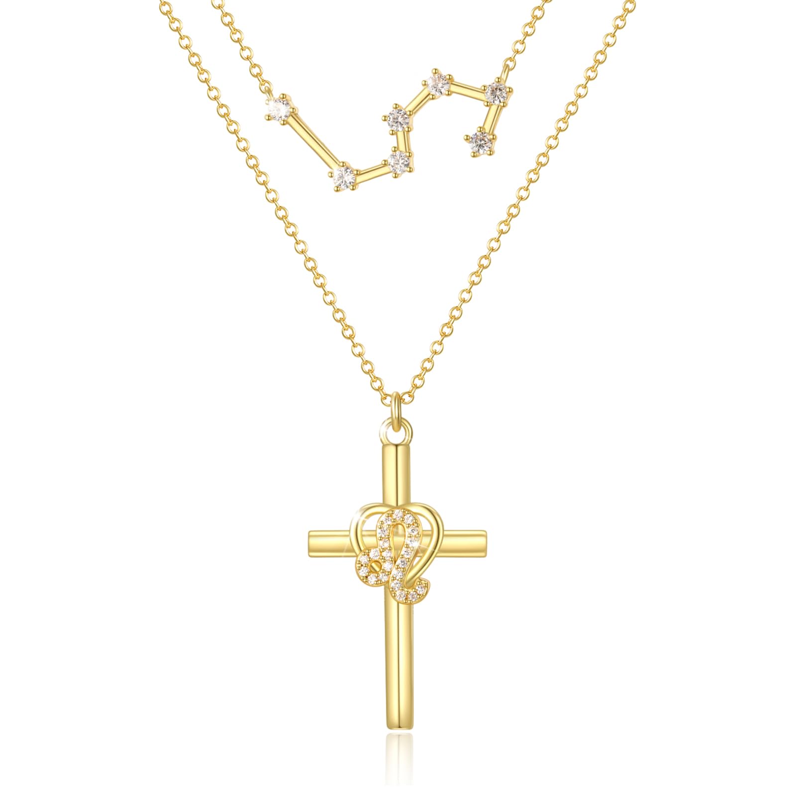 14K Gold Zodiac Cross Layered Necklace for Women - Horoscope Constellation Pendant with Cross,Luxury Anniversary Birthday Mothers Day Gifts Jewelry (12 Zodiac Signs)