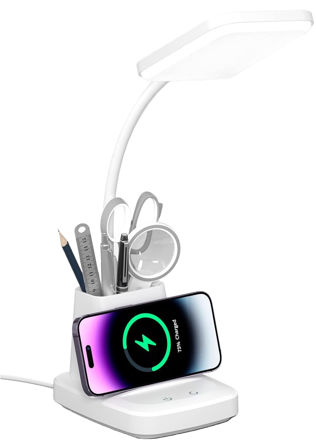 LED Desk Lamp with Wireless Charger for Home Office, Black | 3 Color Modes Dimmable Eye-Caring Study Desk Light for College Dorm Room, 360° Flexible Arm, Built-in Pen Holder, 800 Lumen