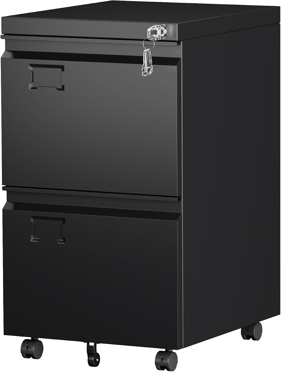 SUXXAN 2 Drawer Steel File Cabinet with Lock, Wheels, Assembly Required | Black steel cabinet for Letter/Legal files with 5 casters, two locking casters, name tags, and required assembly.