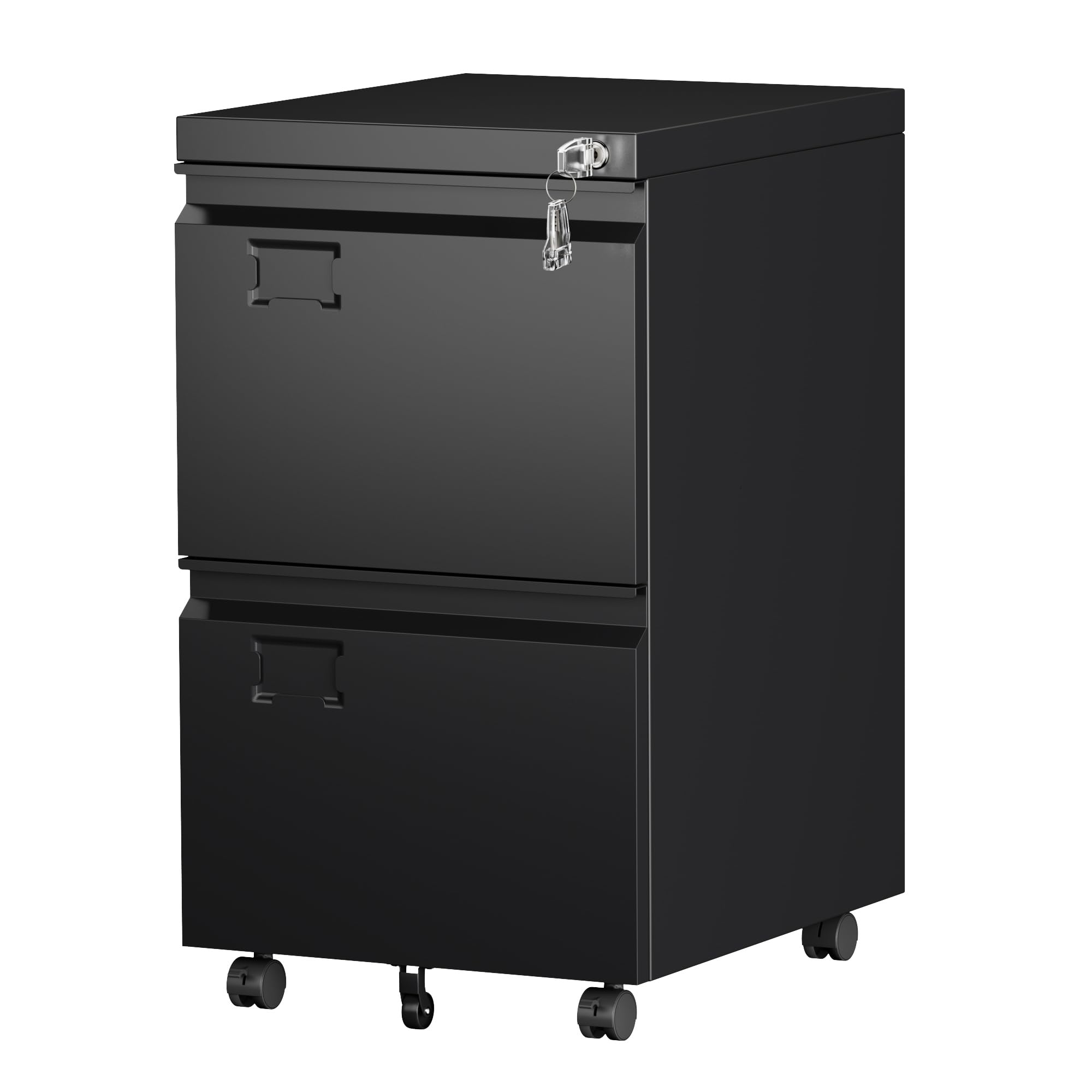 SUXXAN 2 Drawer Steel File Cabinet with Lock, Wheels, Assembly Required | Black steel cabinet for Letter/Legal files with 5 casters, two locking casters, name tags, and required assembly.