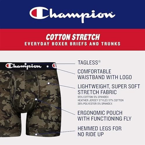 Champion Men's Everyday Cotton Stretch 5 Pack Boxer Briefs, Total Support Pouch, Moisture-Wicking, No Ride-up Fit