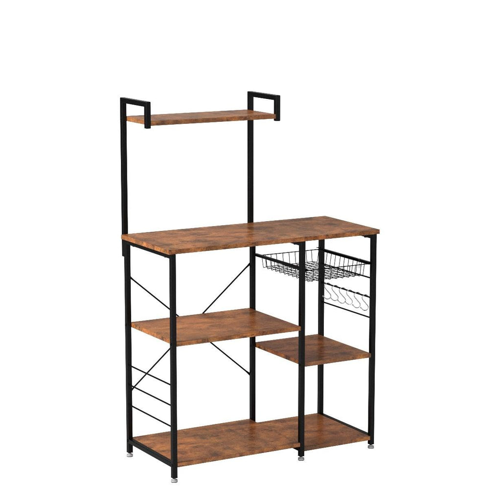 VASAGLE Kitchen Bakers Rack with Power Outlet, Coffee Bar with 35.4-Inch High Worktop, Microwave Stand with 8 Hooks, 15.7 x 31.5 x 66.9 Inches, Golden Oak and Cloud White UKKS059Y01