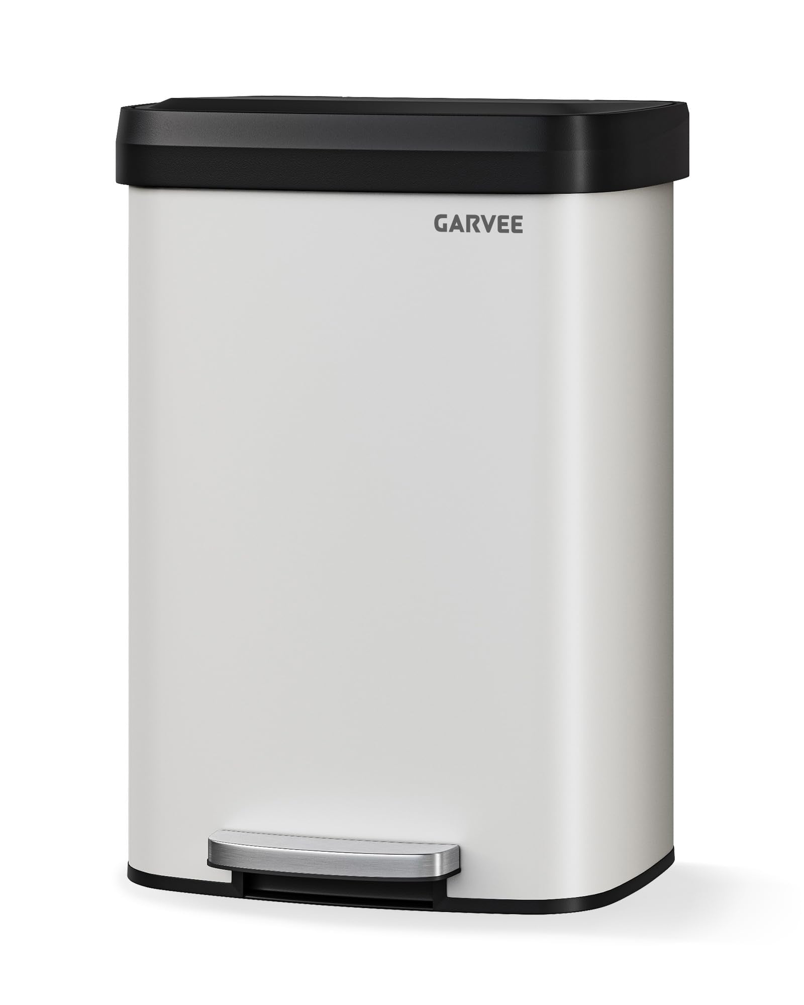 Garvee 13 gal / 50 L Stainless Steel Trash Can with Lid, Large Garbage Can for Kitchen, Rustproof Step-on Kitchen Metal Trash Bin with Liner Rim, Rear Handle, Soft Close Plastic Lid, Silver