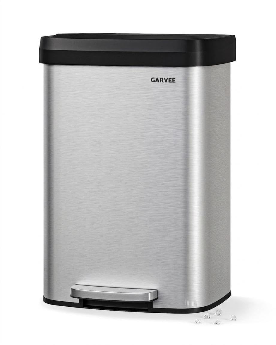Garvee 13 gal / 50 L Stainless Steel Trash Can with Lid, Large Garbage Can for Kitchen, Rustproof Step-on Kitchen Metal Trash Bin with Liner Rim, Rear Handle, Soft Close Plastic Lid, Silver
