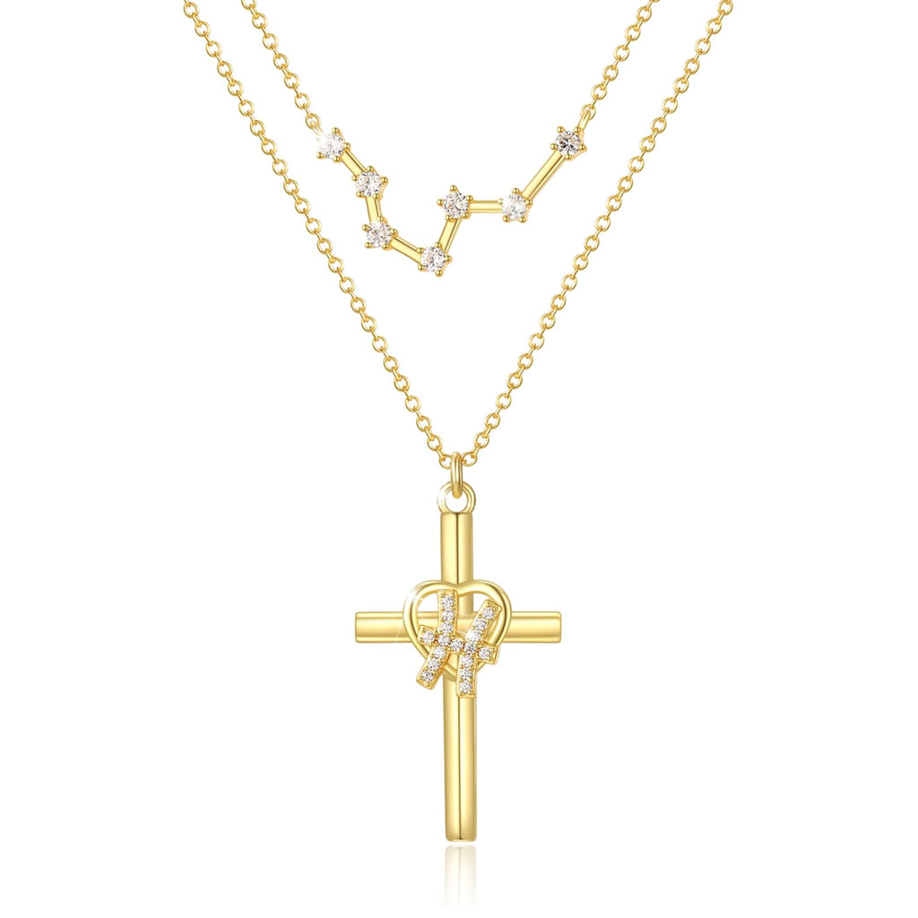 14K Gold Zodiac Cross Layered Necklace for Women - Horoscope Constellation Pendant with Cross,Luxury Anniversary Birthday Mothers Day Gifts Jewelry (12 Zodiac Signs)