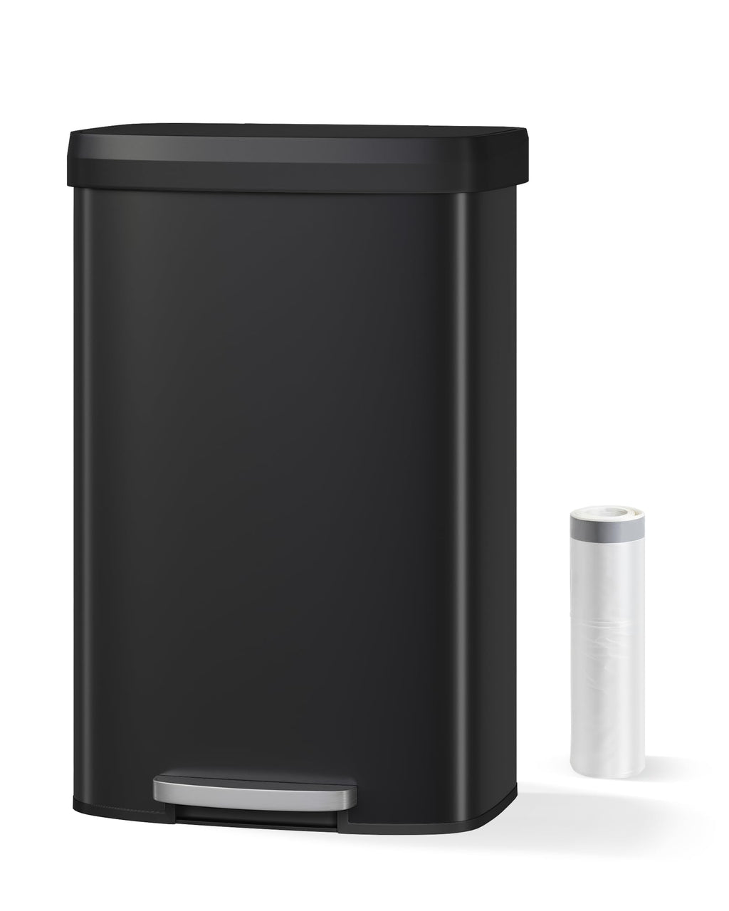 Garvee 13 gal / 50 L Stainless Steel Trash Can with Lid, Large Garbage Can for Kitchen, Rustproof Step-on Kitchen Metal Trash Bin with Liner Rim, Rear Handle, Soft Close Plastic Lid, Silver