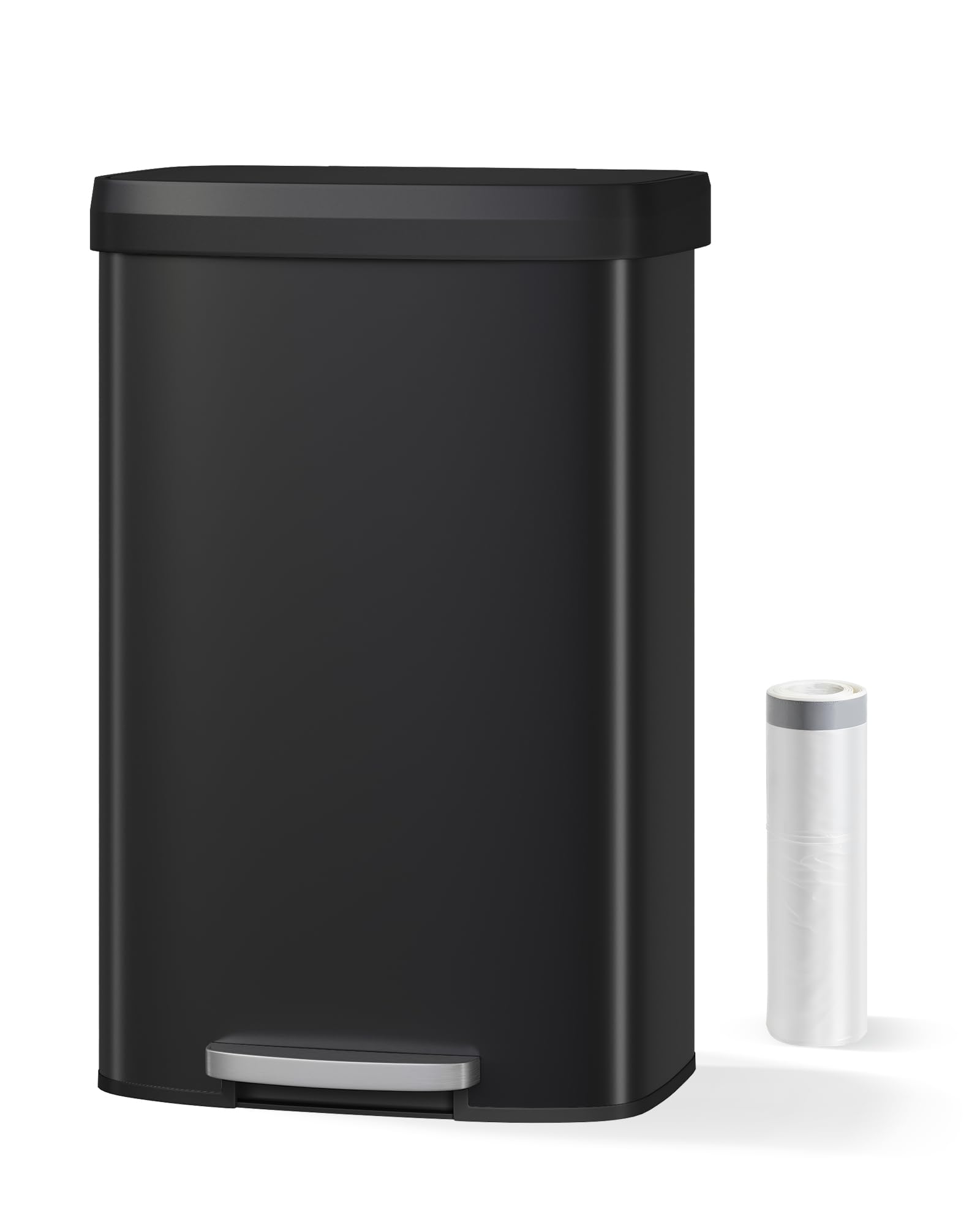Garvee 13 gal / 50 L Stainless Steel Trash Can with Lid, Large Garbage Can for Kitchen, Rustproof Step-on Kitchen Metal Trash Bin with Liner Rim, Rear Handle, Soft Close Plastic Lid, Silver