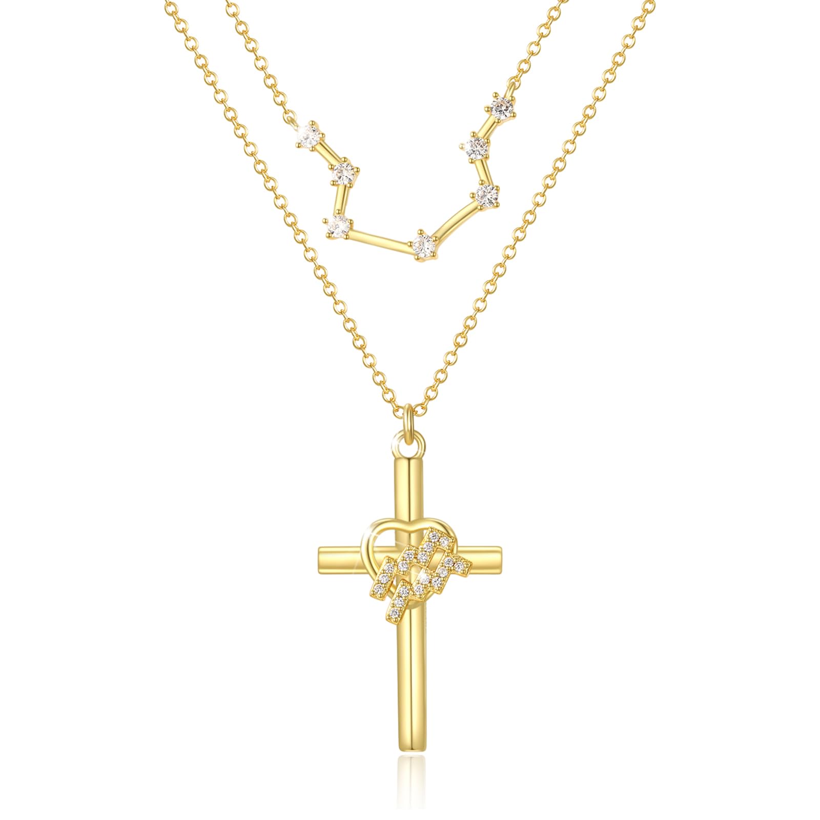 14K Gold Zodiac Cross Layered Necklace for Women - Horoscope Constellation Pendant with Cross,Luxury Anniversary Birthday Mothers Day Gifts Jewelry (12 Zodiac Signs)