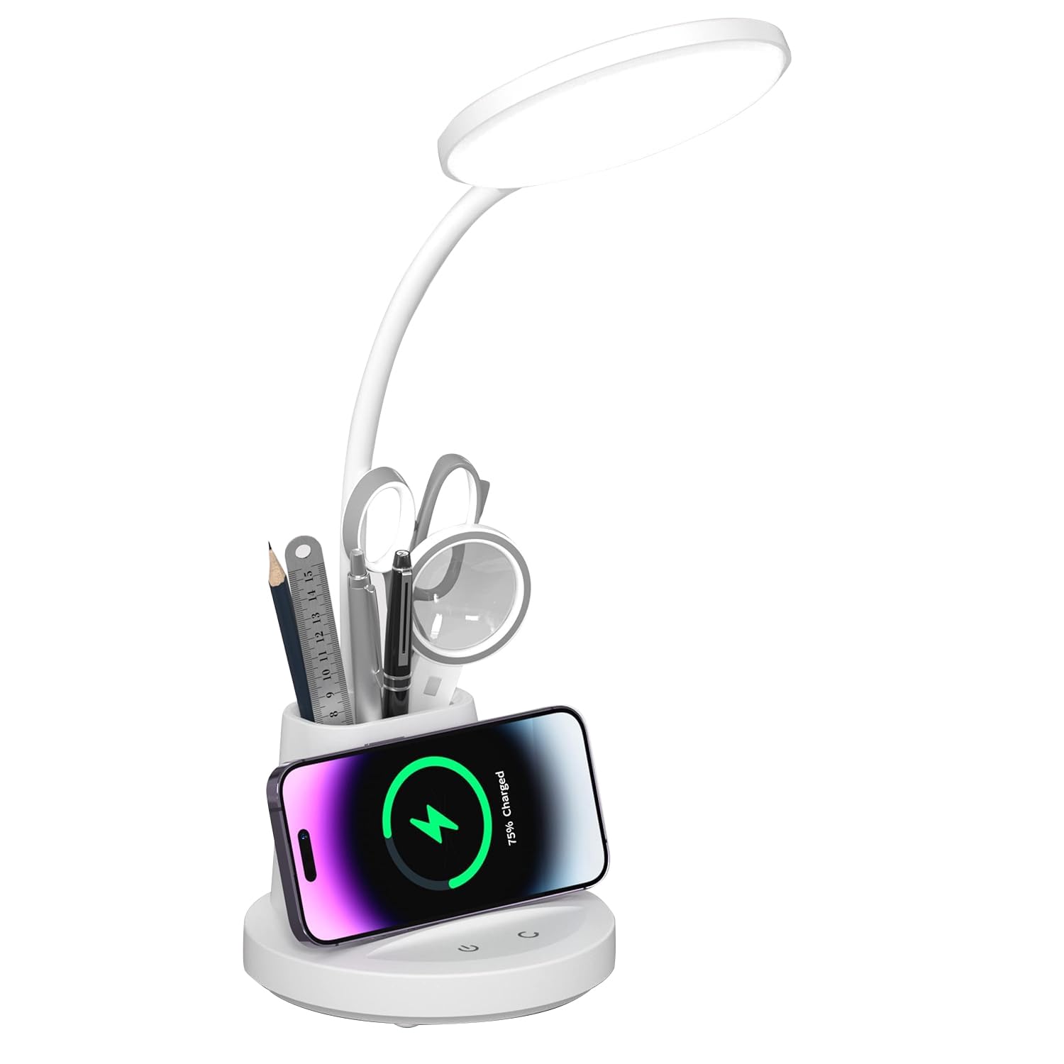 LED Desk Lamp with Wireless Charger for Home Office, Black | 3 Color Modes Dimmable Eye-Caring Study Desk Light for College Dorm Room, 360° Flexible Arm, Built-in Pen Holder, 800 Lumen