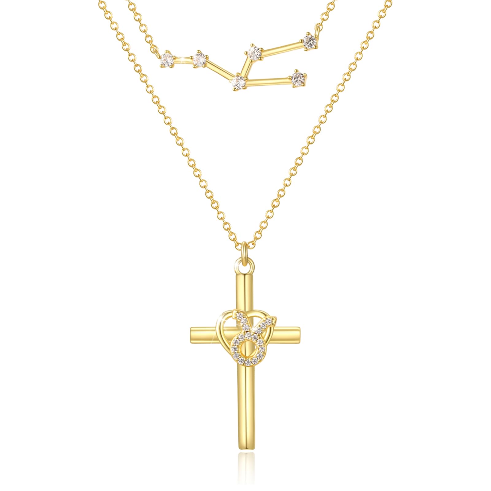 14K Gold Zodiac Cross Layered Necklace for Women - Horoscope Constellation Pendant with Cross,Luxury Anniversary Birthday Mothers Day Gifts Jewelry (12 Zodiac Signs)