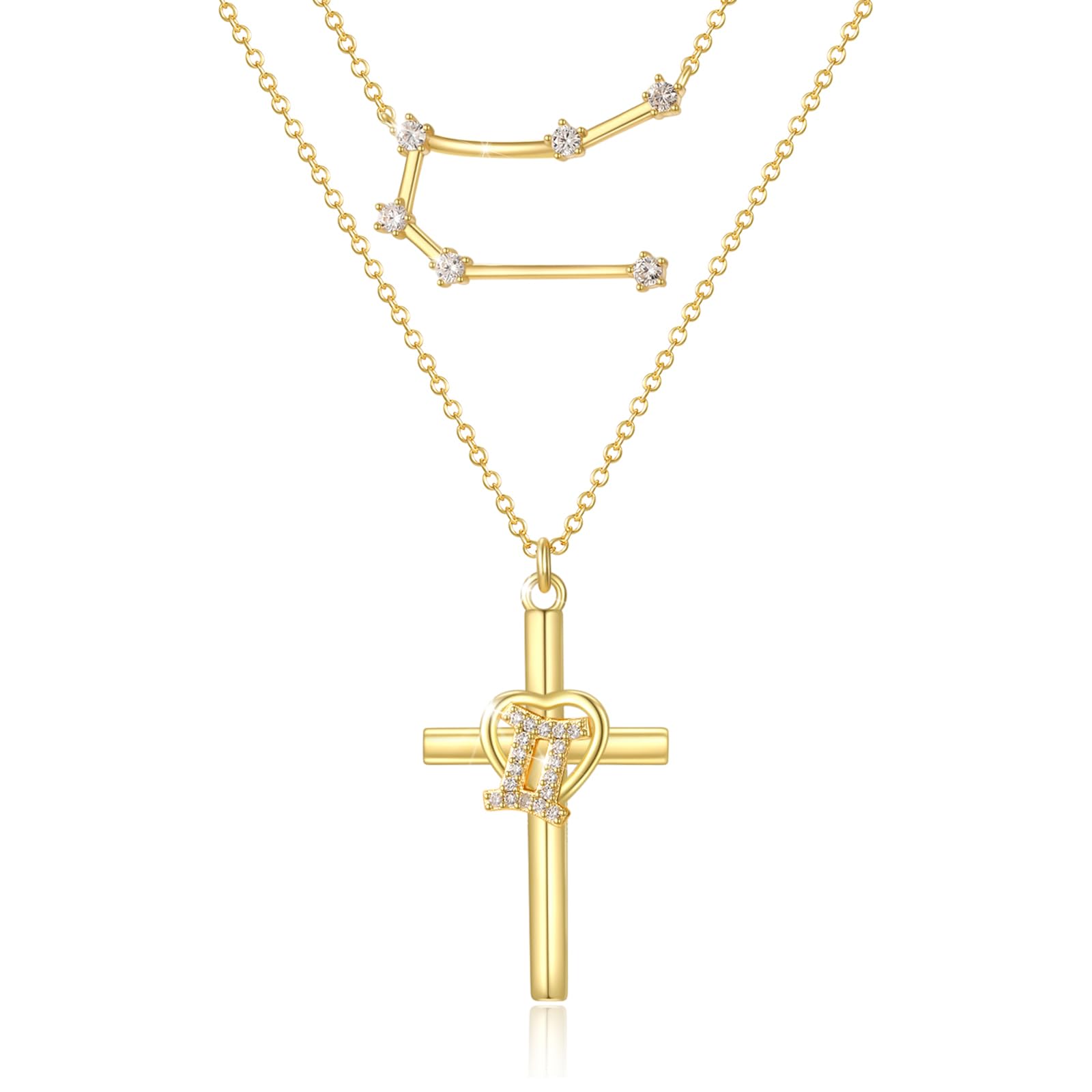 14K Gold Zodiac Cross Layered Necklace for Women - Horoscope Constellation Pendant with Cross,Luxury Anniversary Birthday Mothers Day Gifts Jewelry (12 Zodiac Signs)