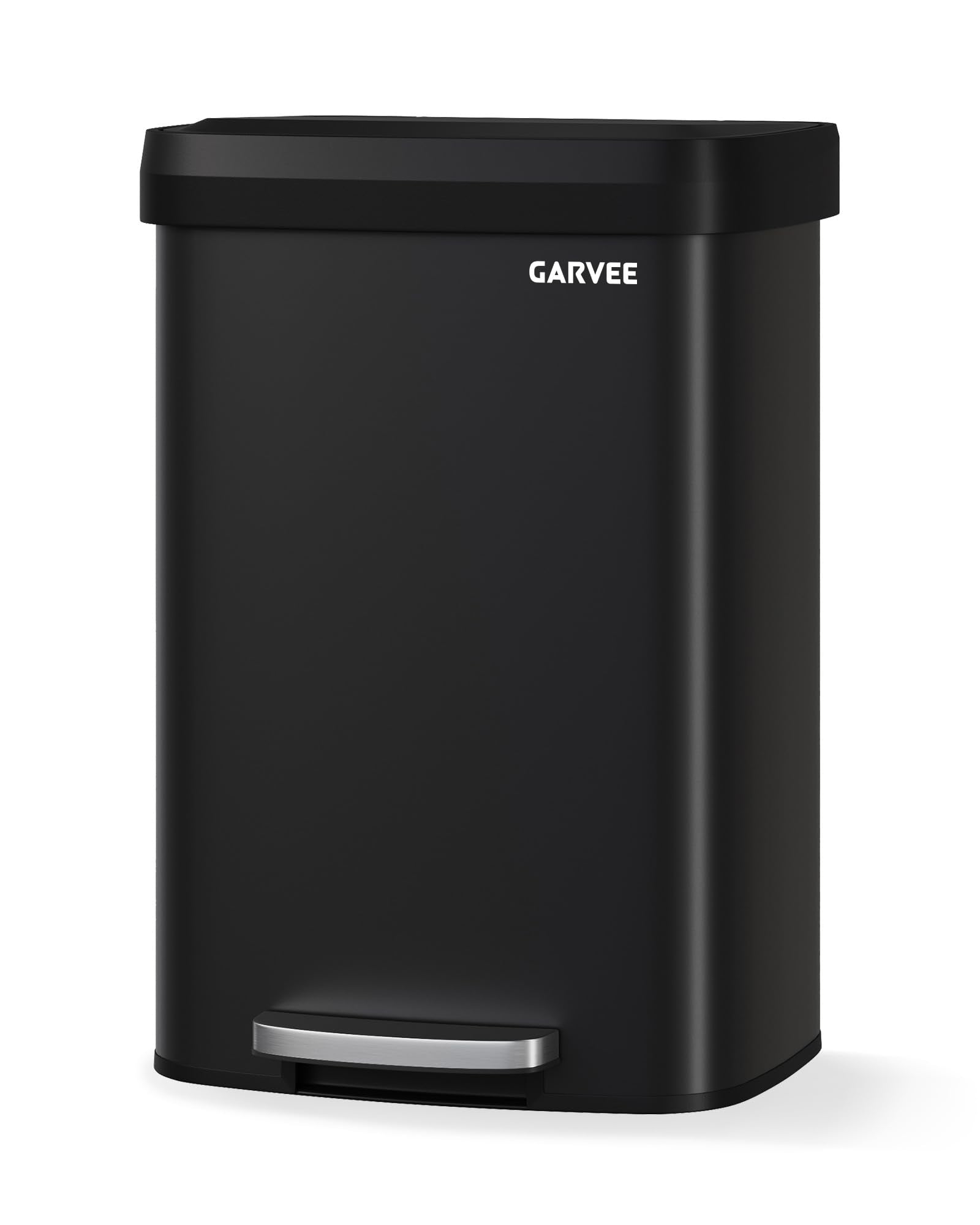 Garvee 13 gal / 50 L Stainless Steel Trash Can with Lid, Large Garbage Can for Kitchen, Rustproof Step-on Kitchen Metal Trash Bin with Liner Rim, Rear Handle, Soft Close Plastic Lid, Silver