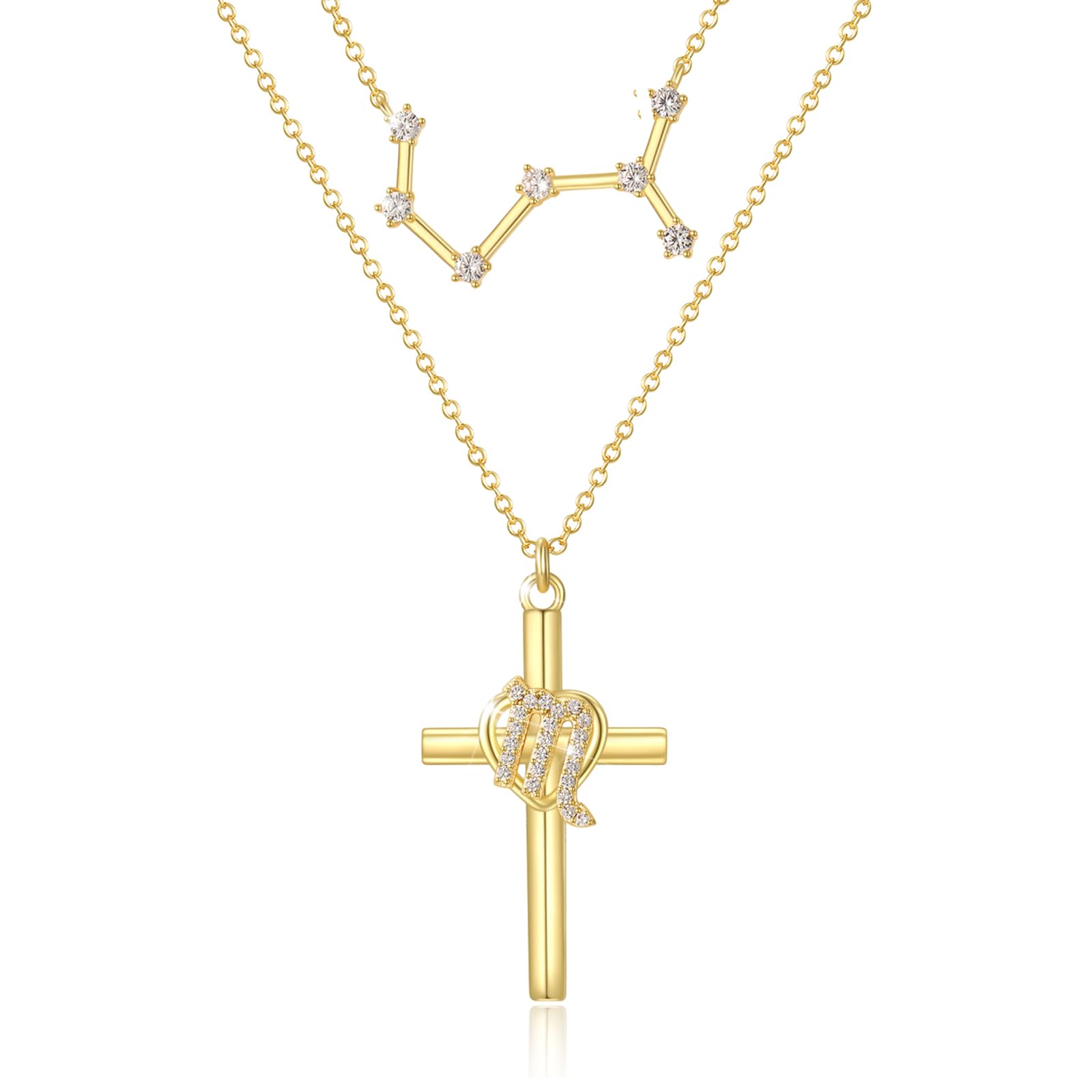 14K Gold Zodiac Cross Layered Necklace for Women - Horoscope Constellation Pendant with Cross,Luxury Anniversary Birthday Mothers Day Gifts Jewelry (12 Zodiac Signs)