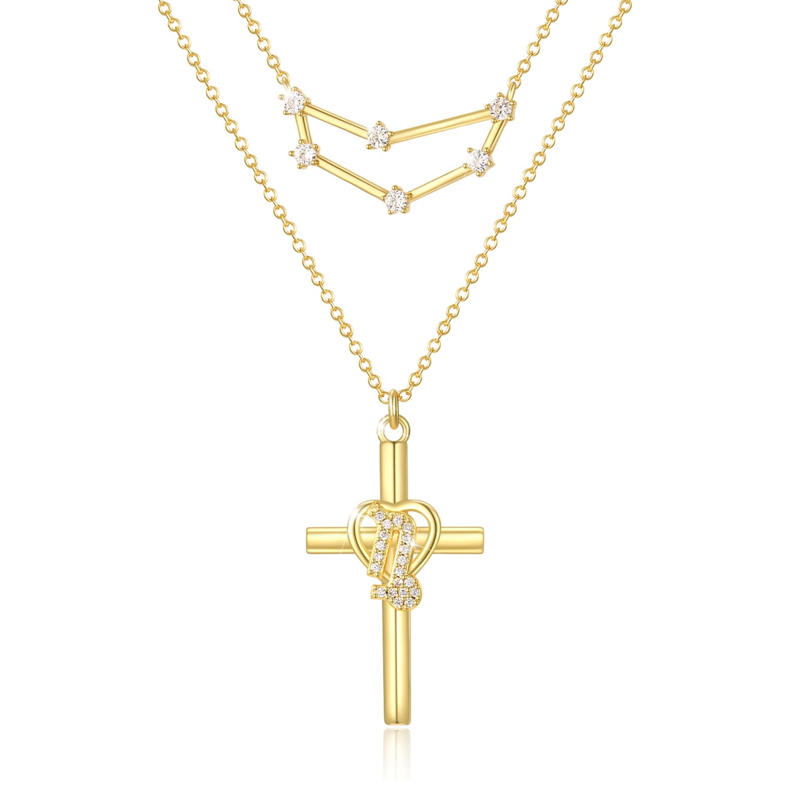 14K Gold Zodiac Cross Layered Necklace for Women - Horoscope Constellation Pendant with Cross,Luxury Anniversary Birthday Mothers Day Gifts Jewelry (12 Zodiac Signs)