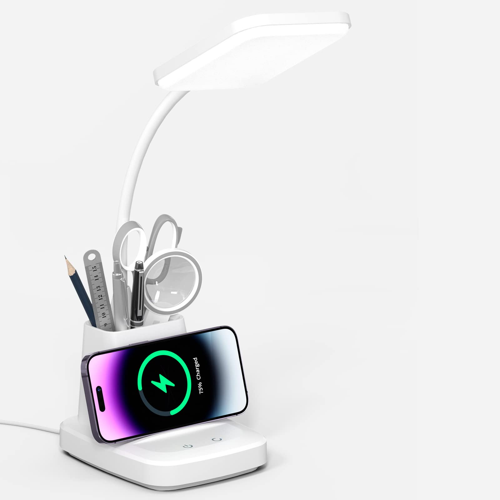 LED Desk Lamp with Wireless Charger for Home Office, Black | 3 Color Modes Dimmable Eye-Caring Study Desk Light for College Dorm Room, 360° Flexible Arm, Built-in Pen Holder, 800 Lumen