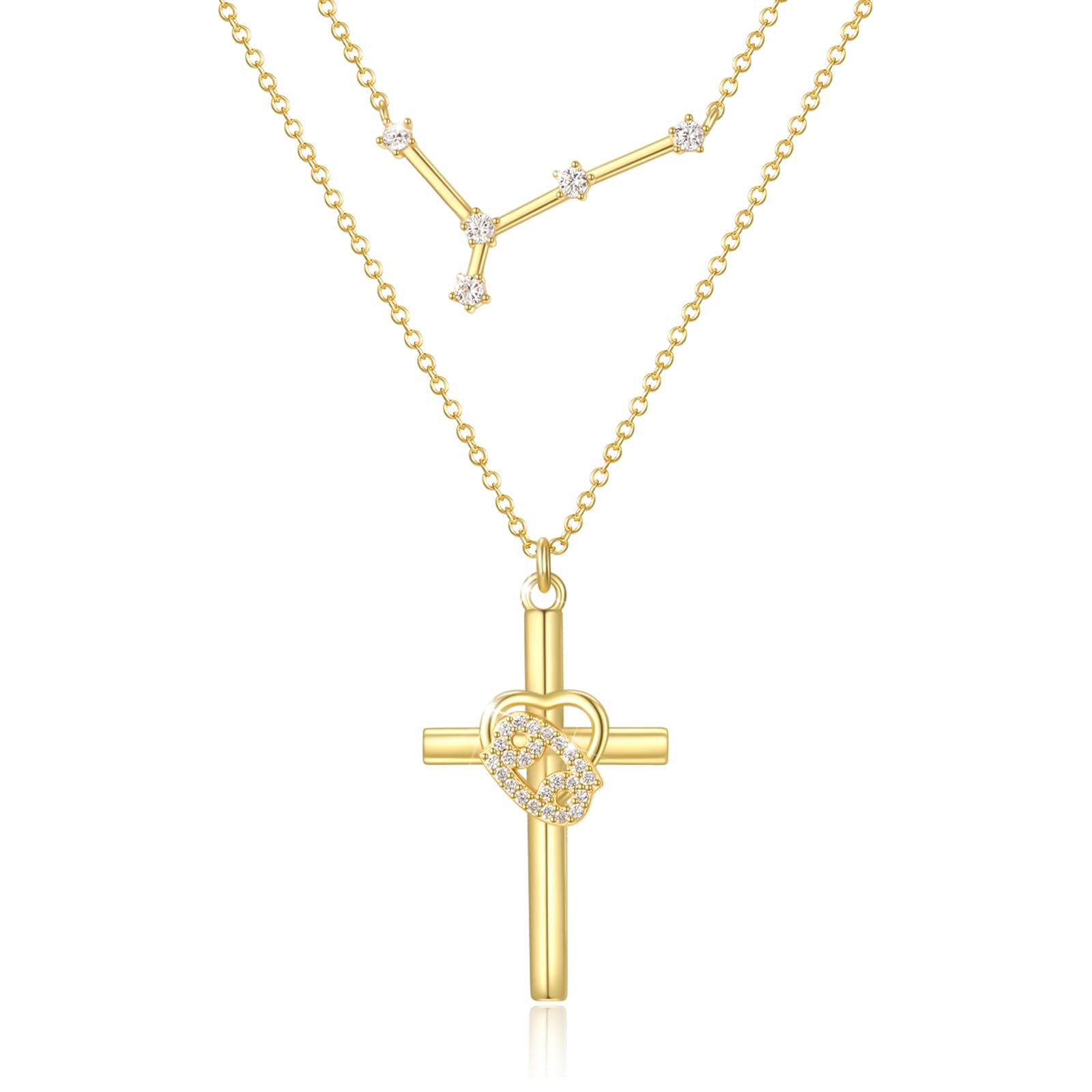14K Gold Zodiac Cross Layered Necklace for Women - Horoscope Constellation Pendant with Cross,Luxury Anniversary Birthday Mothers Day Gifts Jewelry (12 Zodiac Signs)