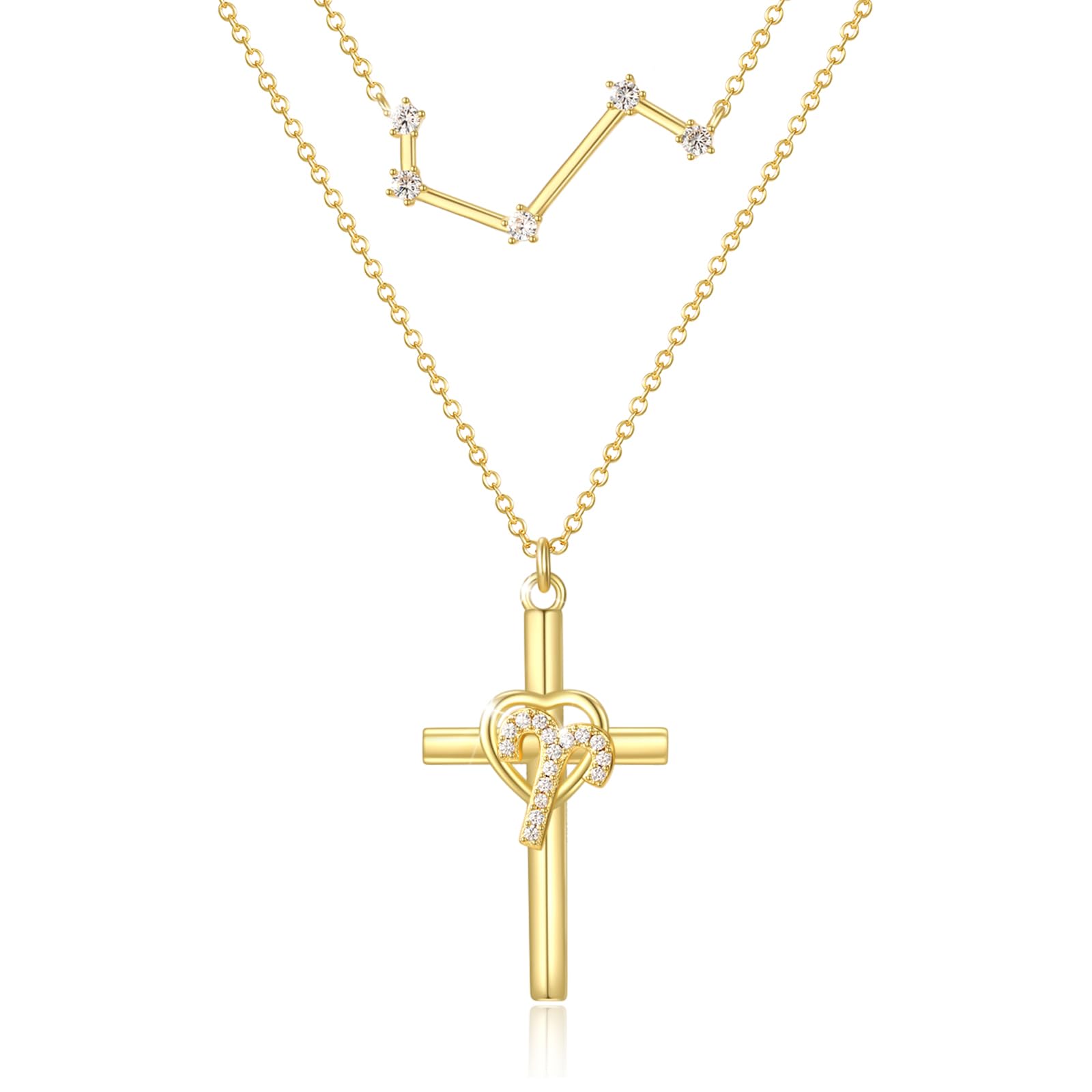 14K Gold Zodiac Cross Layered Necklace for Women - Horoscope Constellation Pendant with Cross,Luxury Anniversary Birthday Mothers Day Gifts Jewelry (12 Zodiac Signs)