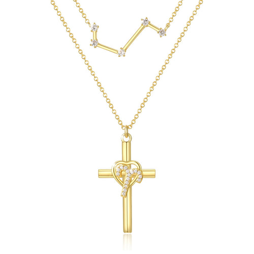14K Gold Zodiac Cross Layered Necklace for Women - Horoscope Constellation Pendant with Cross,Luxury Anniversary Birthday Mothers Day Gifts Jewelry (12 Zodiac Signs)
