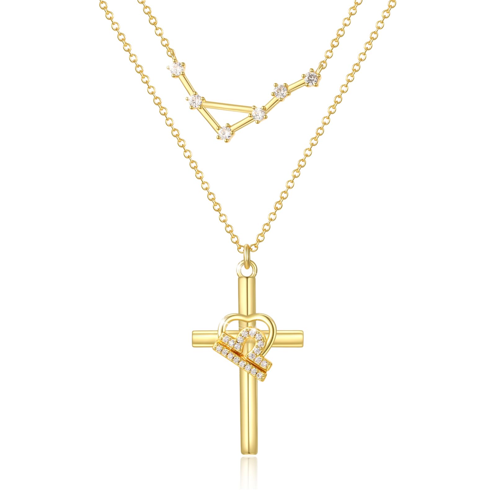 14K Gold Zodiac Cross Layered Necklace for Women - Horoscope Constellation Pendant with Cross,Luxury Anniversary Birthday Mothers Day Gifts Jewelry (12 Zodiac Signs)