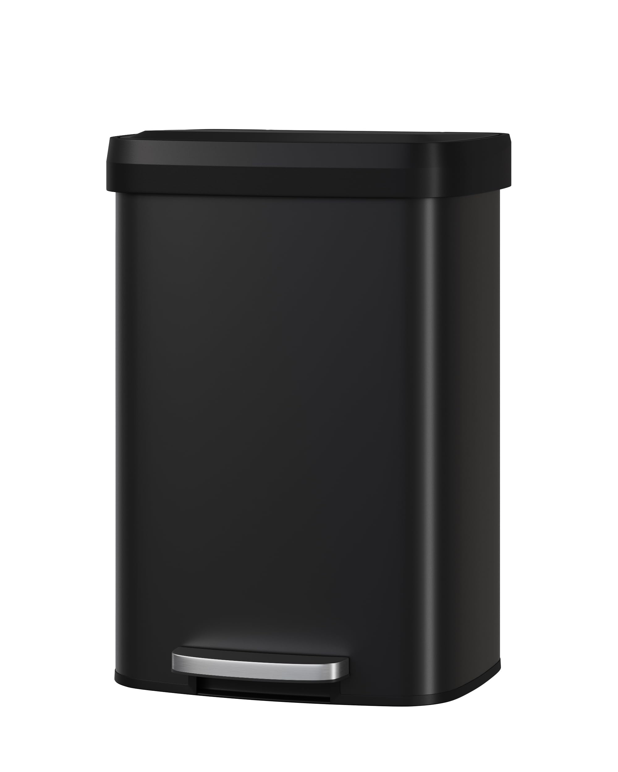 Garvee 13 gal / 50 L Stainless Steel Trash Can with Lid, Large Garbage Can for Kitchen, Rustproof Step-on Kitchen Metal Trash Bin with Liner Rim, Rear Handle, Soft Close Plastic Lid, Silver