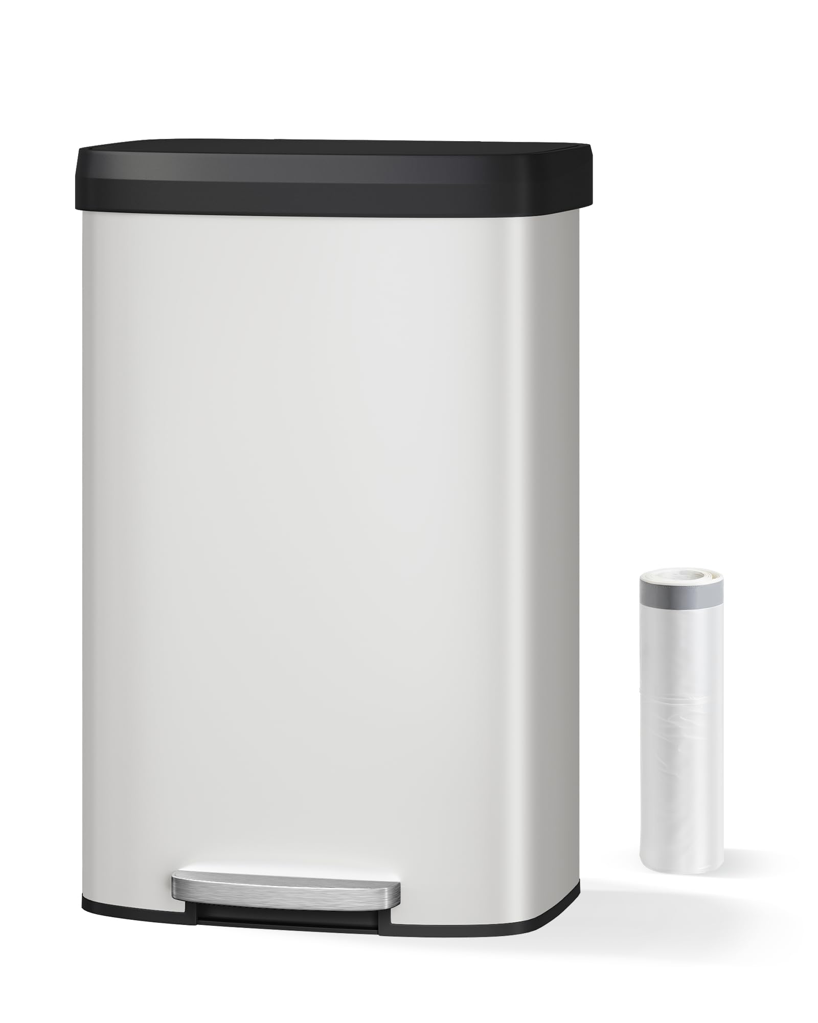 Garvee 13 gal / 50 L Stainless Steel Trash Can with Lid, Large Garbage Can for Kitchen, Rustproof Step-on Kitchen Metal Trash Bin with Liner Rim, Rear Handle, Soft Close Plastic Lid, Silver