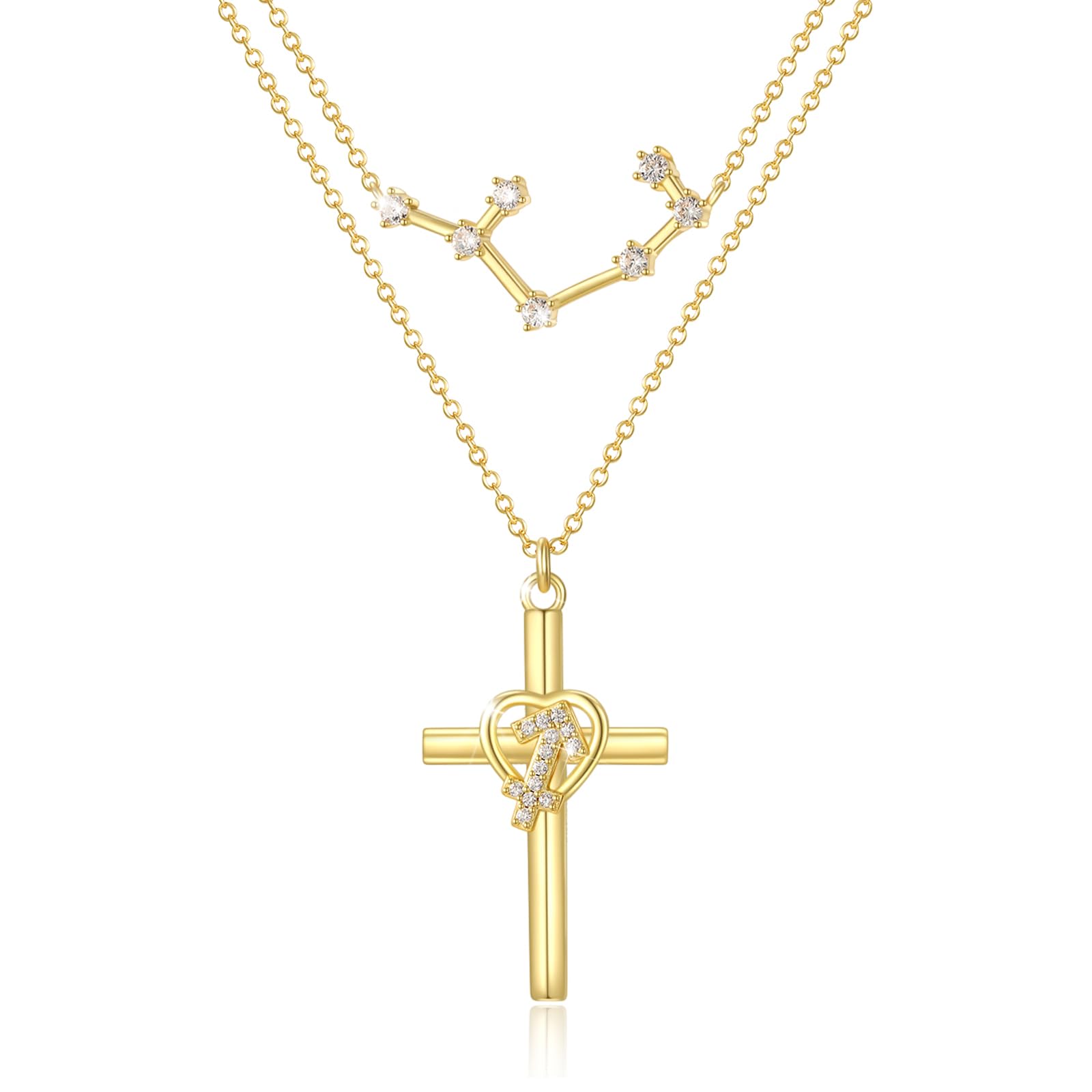 14K Gold Zodiac Cross Layered Necklace for Women - Horoscope Constellation Pendant with Cross,Luxury Anniversary Birthday Mothers Day Gifts Jewelry (12 Zodiac Signs)