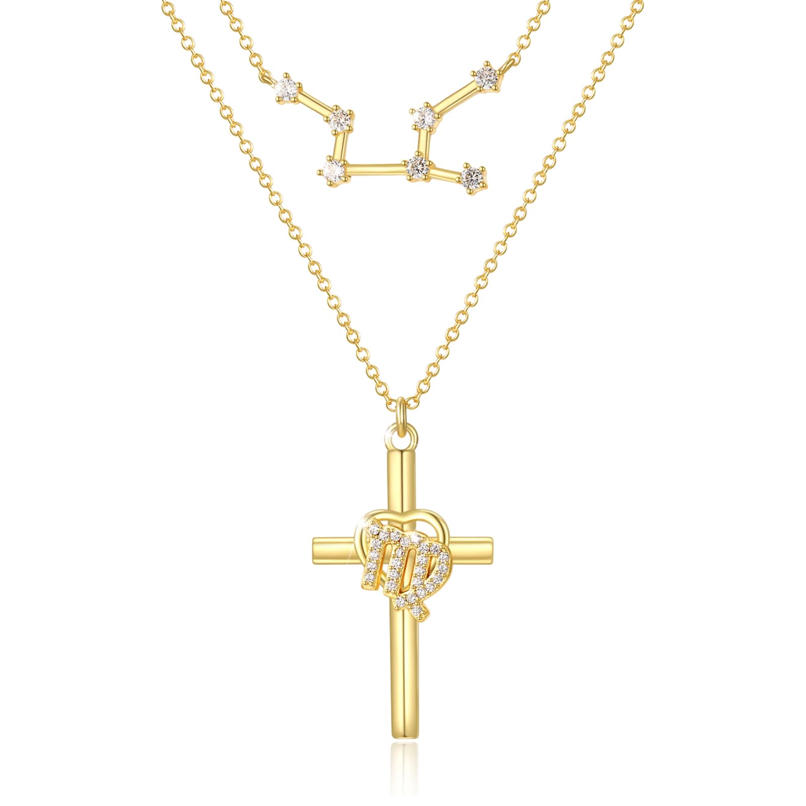 14K Gold Zodiac Cross Layered Necklace for Women - Horoscope Constellation Pendant with Cross,Luxury Anniversary Birthday Mothers Day Gifts Jewelry (12 Zodiac Signs)