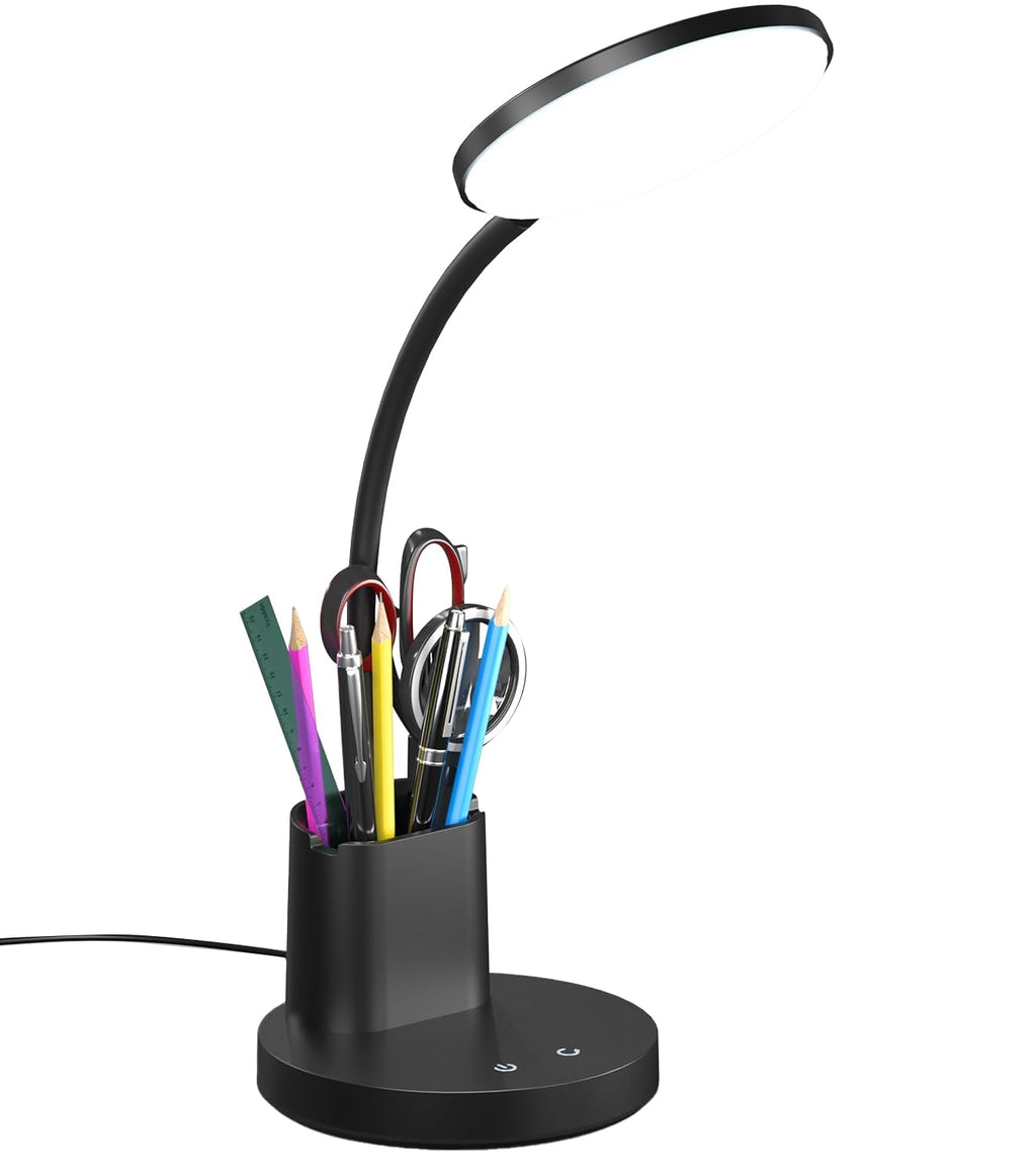 LED Desk Lamp with Wireless Charger for Home Office, Black | 3 Color Modes Dimmable Eye-Caring Study Desk Light for College Dorm Room, 360° Flexible Arm, Built-in Pen Holder, 800 Lumen