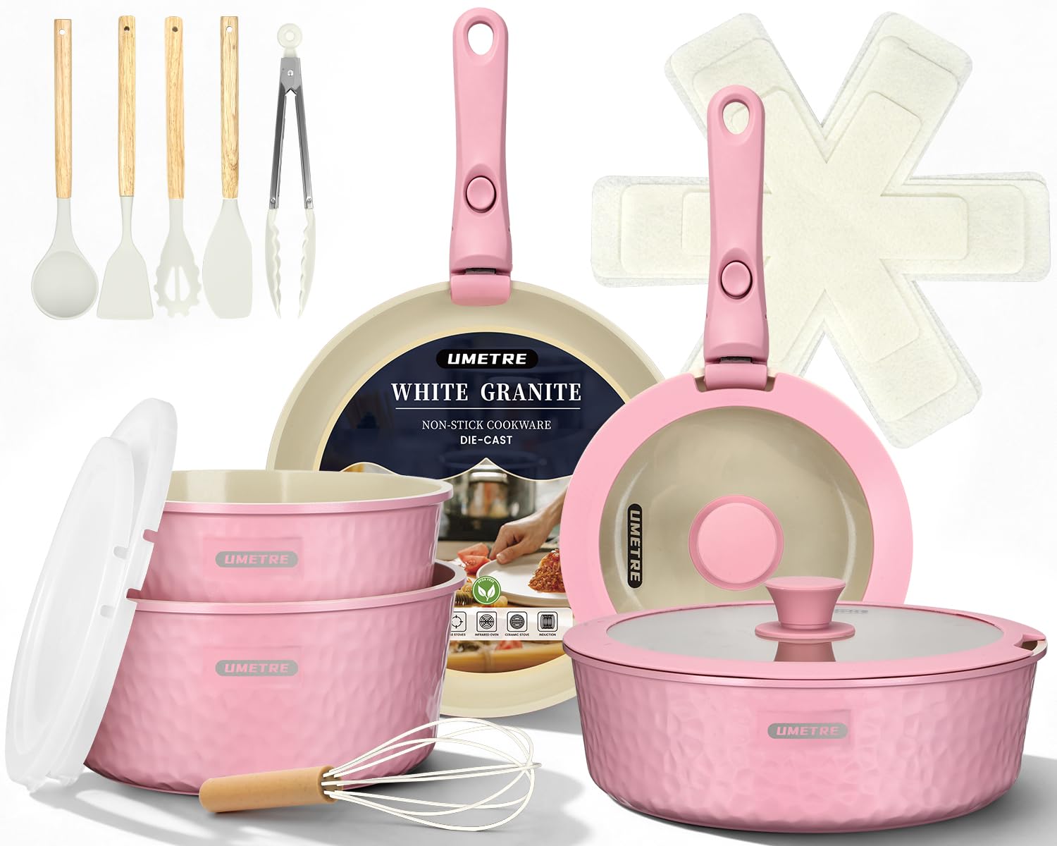 pots and Pans Set, Ceramic Nonstick Cookware Set Detachable Handle, Induction Kitchen Cookware Sets with Removable Handle, Non Stick RV Cookware Set, Dishwasher ＆ Oven Safe