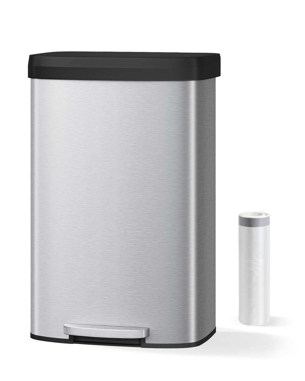 Garvee 13 gal / 50 L Stainless Steel Trash Can with Lid, Large Garbage Can for Kitchen, Rustproof Step-on Kitchen Metal Trash Bin with Liner Rim, Rear Handle, Soft Close Plastic Lid, Silver
