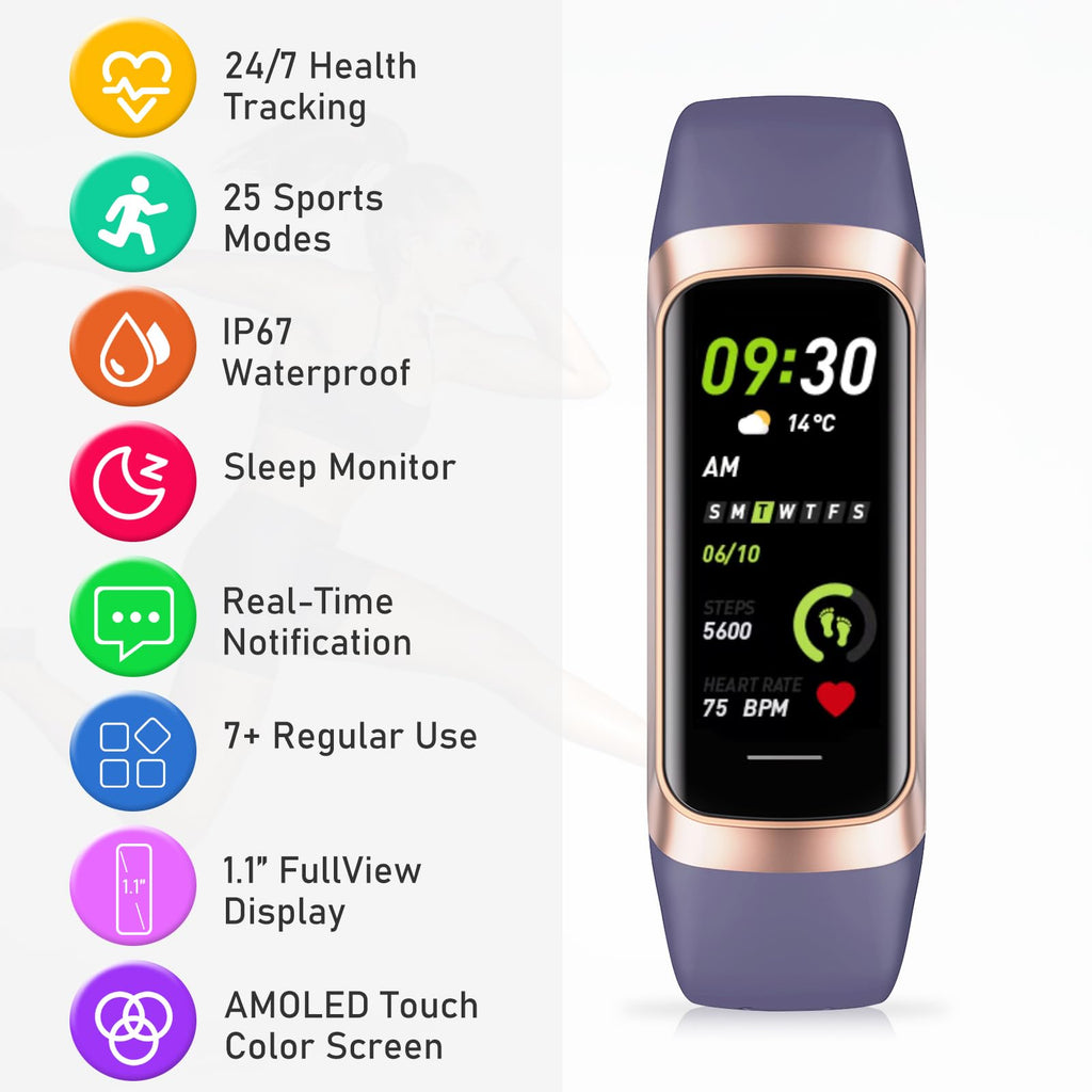 Fitness Tracker with 24/7Heart Rate, Blood Pressure, Sleep Tracking, Calorie, Activity Tracker with 1.1" AMOLED Color Screen, Waterproof Step Tracker for Android iPhones Women Men