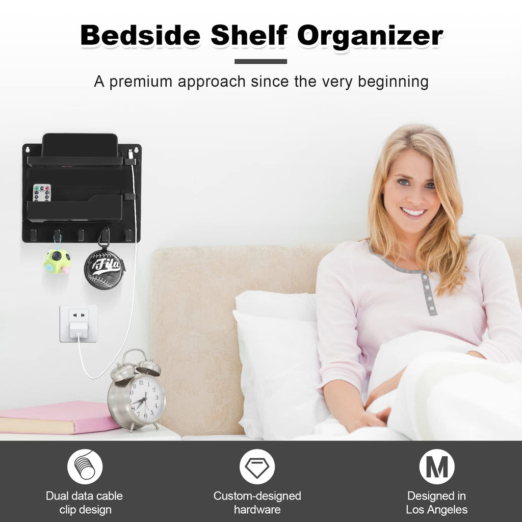 Bedside Shelf Wall Mount, Adhesive Bedside Shelf Accessories Organizer with Hooks and Cable Clips,Dorm Bedside Wall Storage for Phone, Remote, Earphone, Kindle,Plastic(White)