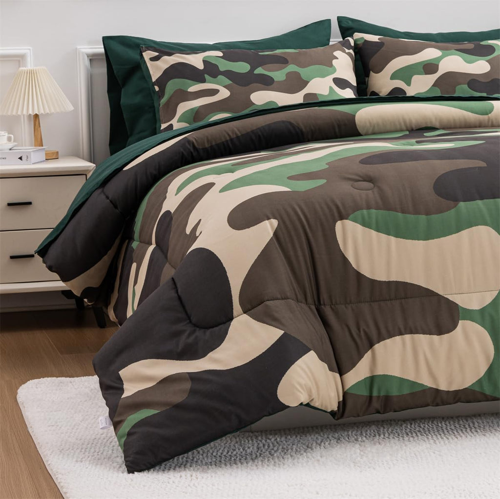 Holawakaka Twin Size Camouflage Bedding Comforter Set with Sheets, Boys Girls Men Camo Bed in A Bag 5 Pieces,Kids Teens Dorm Bed Sets Neutral Farmhouse Lodge Cabin Army Bedspread (Red, Twin)
