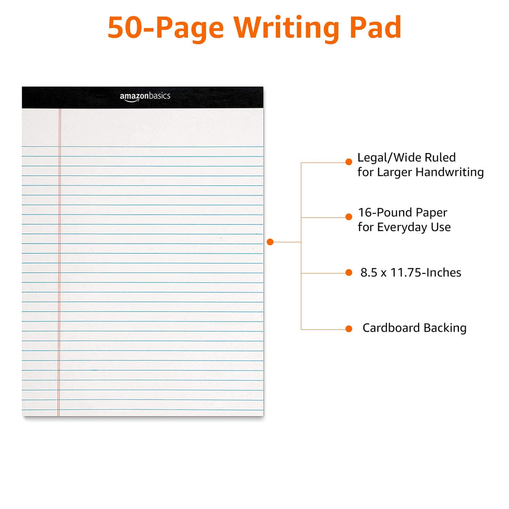 Amazon Basics Narrow Ruled Writing Pads, Perforated, 5" x 8", Multicolor, 6-Pack of 50 Sheets