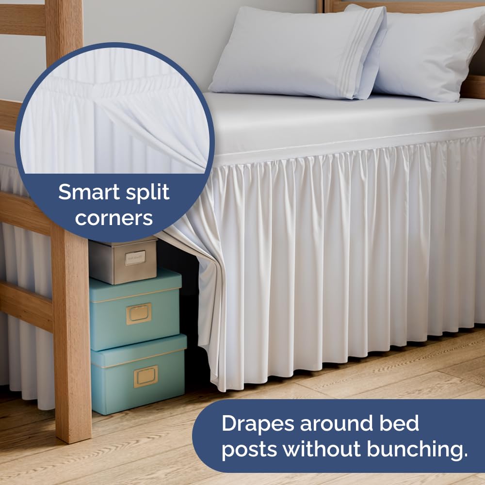 Dorm Room Bed Skirt Twin XL - College Dorm Room Essentials - White, 34 Inch | Extra Long Dust Ruffled College Bedskirt with Split Corners, Easy Fit Elastic Strap, Adjustable, Fade & Wrinkle Free