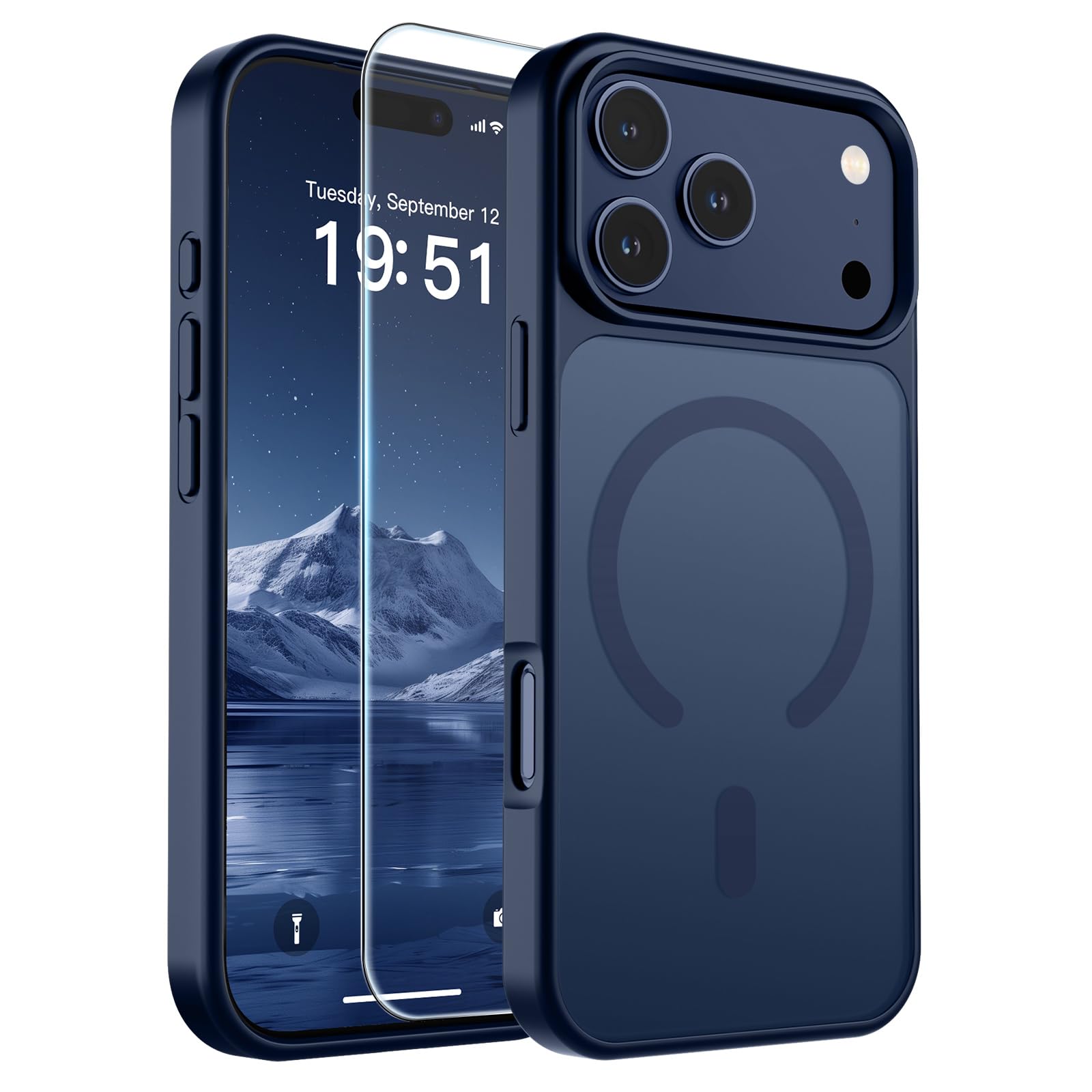 SUPFINE Magnetic for iPhone 17 Pro Max Case with Screen Protector (Compatible with MagSafe)(Military Grade Drop Protection) Translucent Matte Phone Cover,Dark Blue