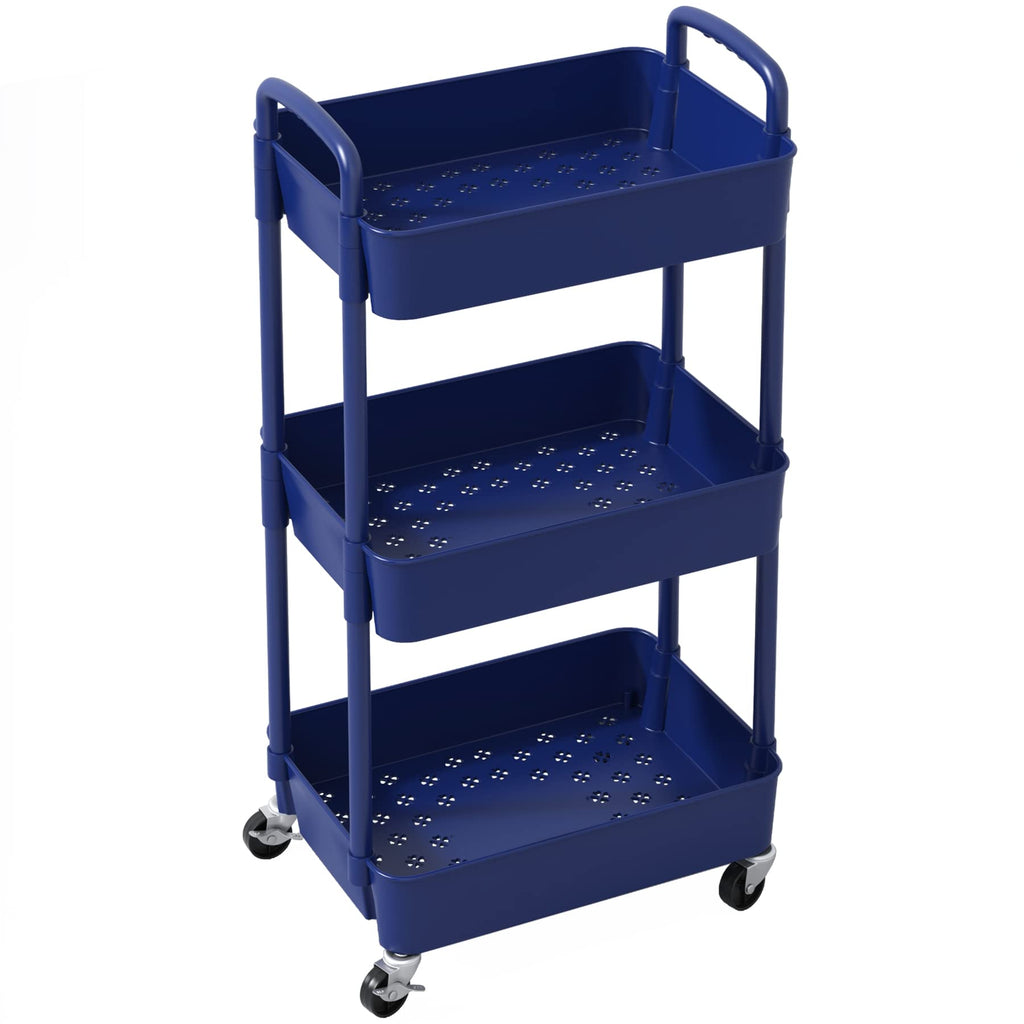 Sywhitta 3-Tier Plastic Rolling Utility Cart with Handle, Multi-Functional Storage Trolley for Office, Living Room, Kitchen, Movable Storage Organizer with Wheels, Black