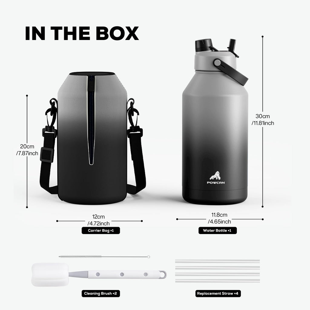 POWCAN 64 oz Insulated Water Bottle for Sports: 2-in-1 Straw & Spout Lid, Leakproof, Carrier Bag, Shoulder Strap, Keep Cold 48H, BPA-Free, Half Gallon Metal Water Jug for Gym, Travel, Gift (Midnight)