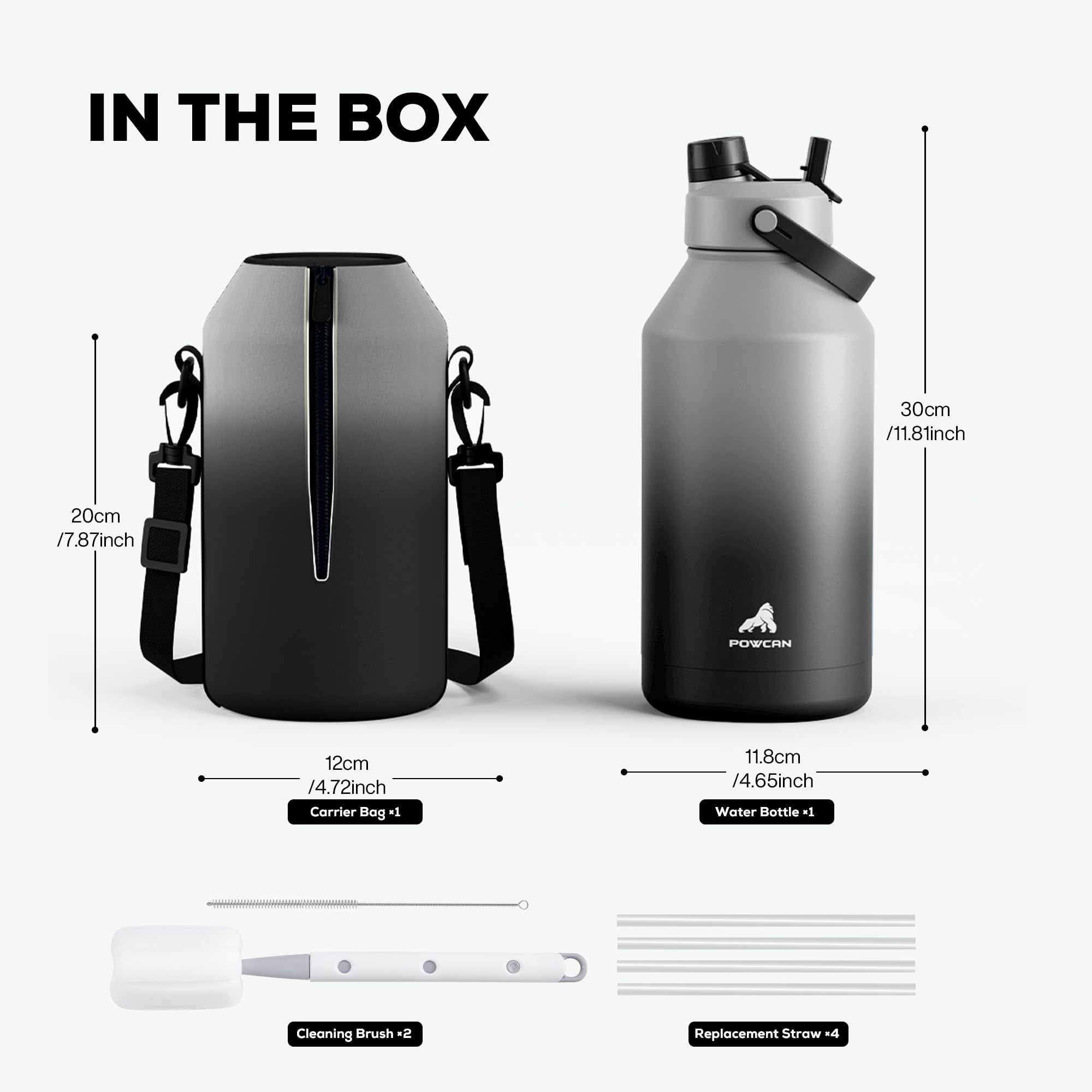 POWCAN 64 oz Insulated Water Bottle for Sports: 2-in-1 Straw & Spout Lid, Leakproof, Carrier Bag, Shoulder Strap, Keep Cold 48H, BPA-Free, Half Gallon Metal Water Jug for Gym, Travel, Gift (Midnight)