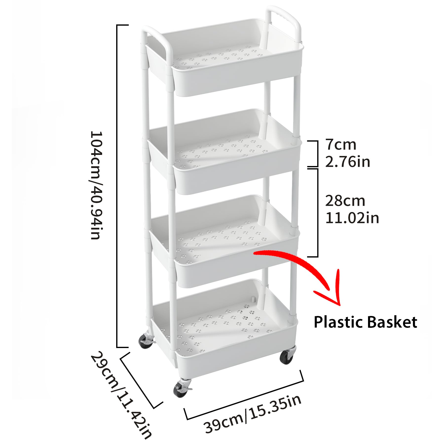 Sywhitta 3-Tier Plastic Rolling Utility Cart with Handle, Multi-Functional Storage Trolley for Office, Living Room, Kitchen, Movable Storage Organizer with Wheels, Black