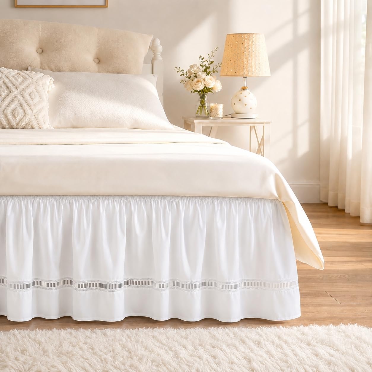 RIMELA Dorm Bed Skirt Twin XL 32 Inch Drop, Easy to Install Extra Long Wrap Around Elastic Dust Ruffle, White Bedskirt Solid Silky Fabric Machine Washable, Bedroom Decor