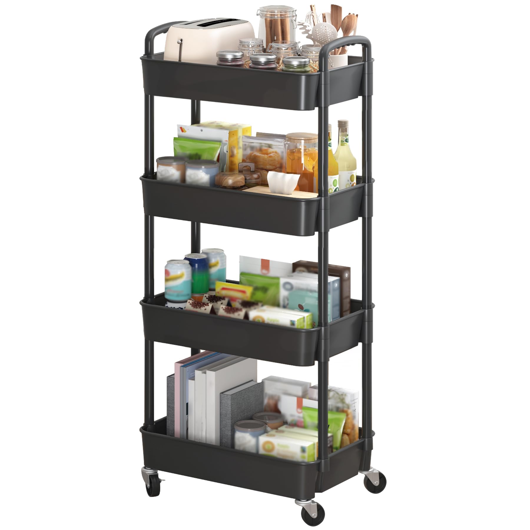 Sywhitta 3-Tier Plastic Rolling Utility Cart with Handle, Multi-Functional Storage Trolley for Office, Living Room, Kitchen, Movable Storage Organizer with Wheels, Black