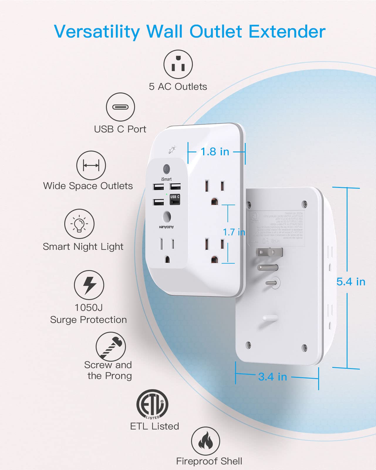 Outlet Extender with Night Light, Multi Plug Wall Outlet, Surge Protector | Multiple Electrical Outlet Splitter Expander, 4 USB Ports (1 USB C) Wall Charger, Plug Extension Adapter for Home, Dorm, RV