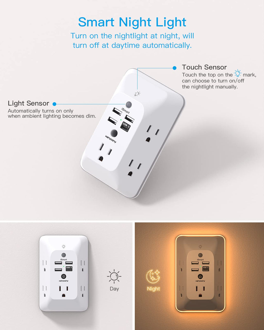 Outlet Extender with Night Light, Multi Plug Wall Outlet, Surge Protector | Multiple Electrical Outlet Splitter Expander, 4 USB Ports (1 USB C) Wall Charger, Plug Extension Adapter for Home, Dorm, RV