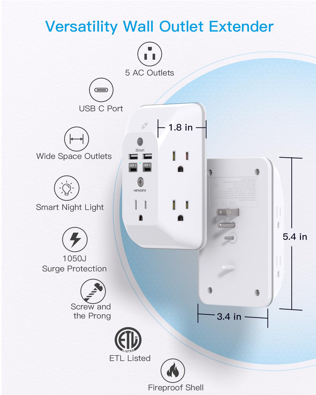 Outlet Extender with Night Light, Multi Plug Wall Outlet, Surge Protector | Multiple Electrical Outlet Splitter Expander, 4 USB Ports (1 USB C) Wall Charger, Plug Extension Adapter for Home, Dorm, RV
