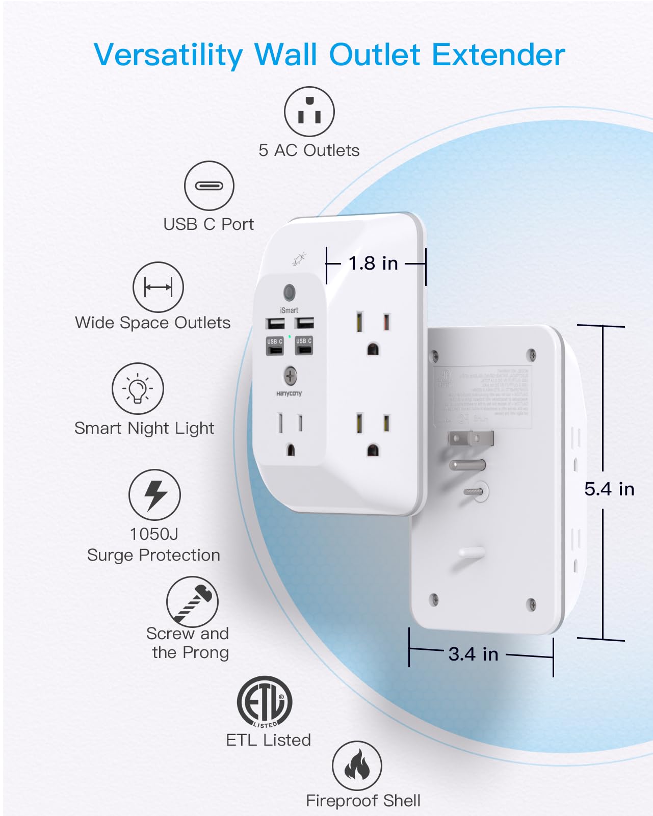 Outlet Extender with Night Light, Multi Plug Wall Outlet, Surge Protector | Multiple Electrical Outlet Splitter Expander, 4 USB Ports (1 USB C) Wall Charger, Plug Extension Adapter for Home, Dorm, RV