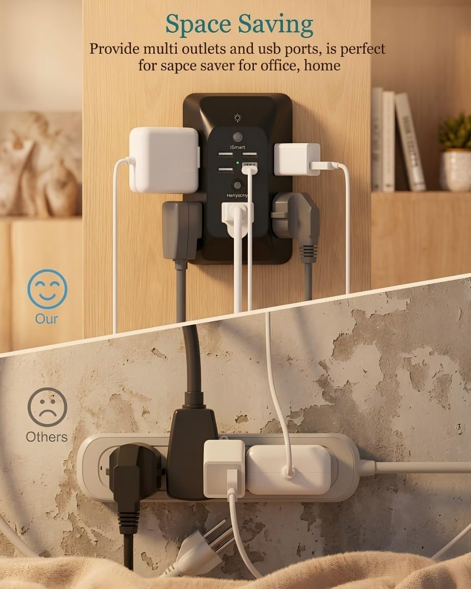 Outlet Extender with Night Light, Multi Plug Wall Outlet, Surge Protector | Multiple Electrical Outlet Splitter Expander, 4 USB Ports (1 USB C) Wall Charger, Plug Extension Adapter for Home, Dorm, RV