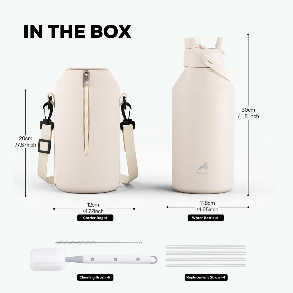 POWCAN 64 oz Insulated Water Bottle for Sports: 2-in-1 Straw & Spout Lid, Leakproof, Carrier Bag, Shoulder Strap, Keep Cold 48H, BPA-Free, Half Gallon Metal Water Jug for Gym, Travel, Gift (Midnight)