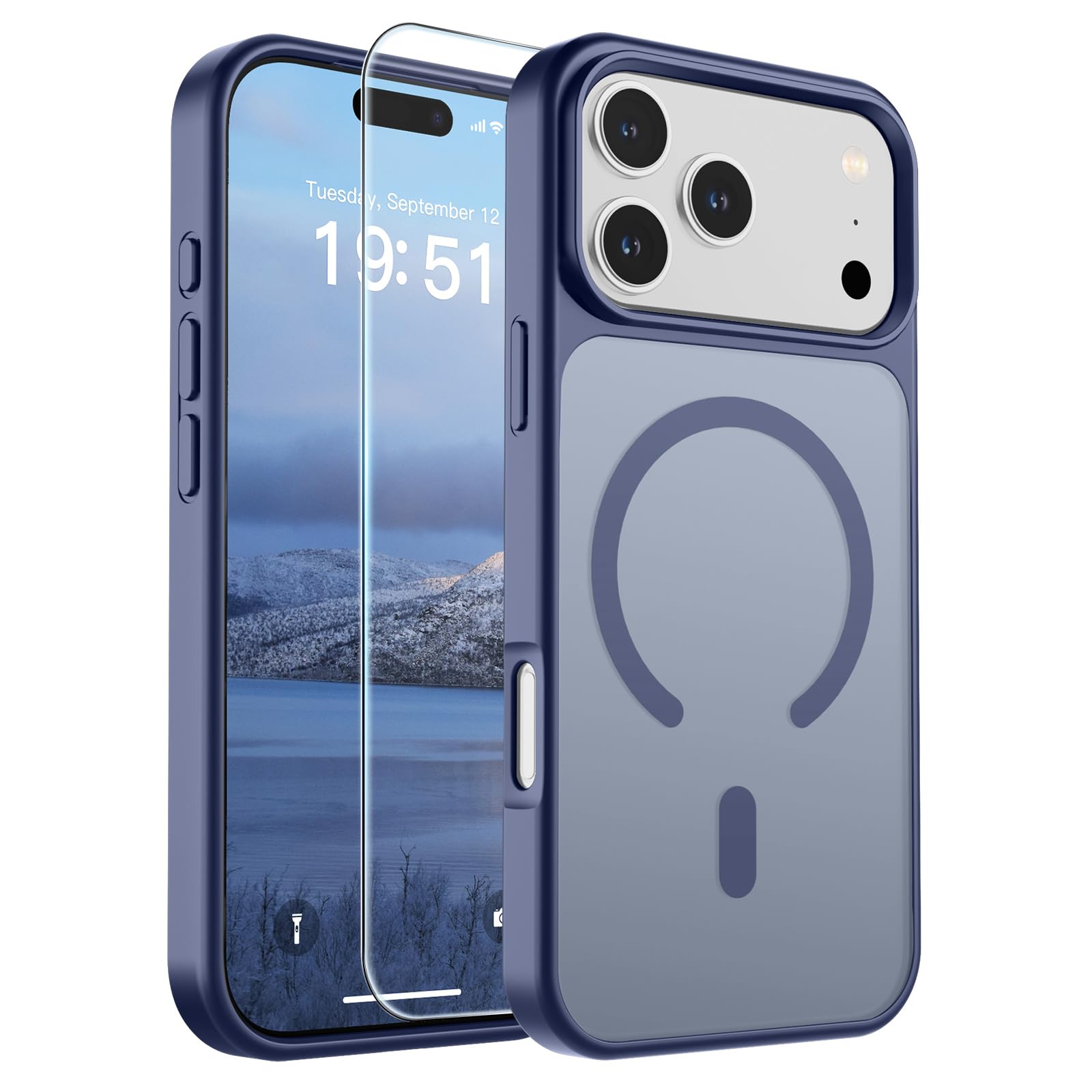 SUPFINE Magnetic for iPhone 17 Pro Max Case with Screen Protector (Compatible with MagSafe)(Military Grade Drop Protection) Translucent Matte Phone Cover,Dark Blue