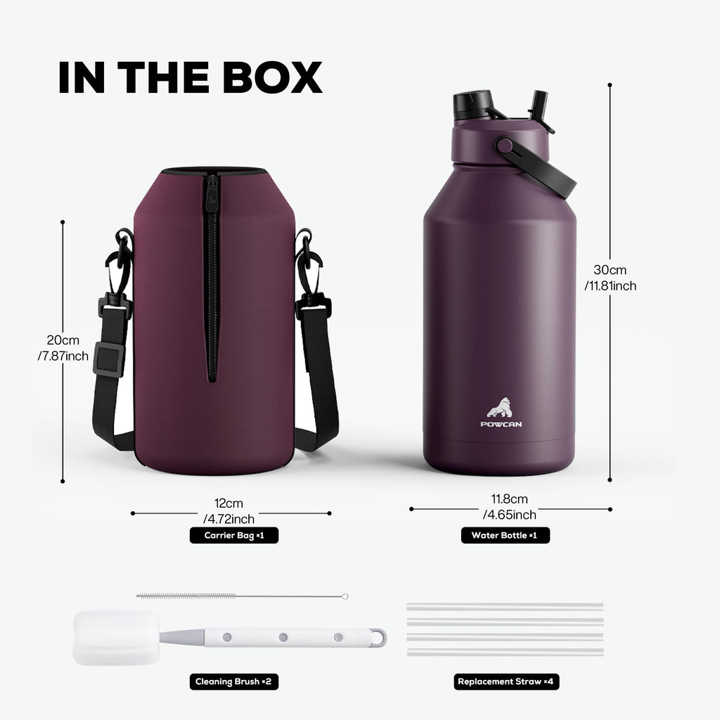 POWCAN 64 oz Insulated Water Bottle for Sports: 2-in-1 Straw & Spout Lid, Leakproof, Carrier Bag, Shoulder Strap, Keep Cold 48H, BPA-Free, Half Gallon Metal Water Jug for Gym, Travel, Gift (Midnight)